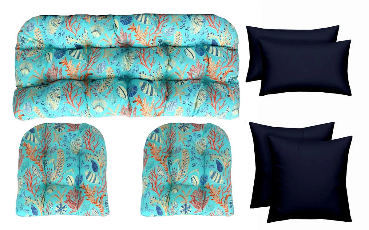 Blue Ocean Life Coral Reef Print Fabric and Solid Navy Throw Pillows P313095