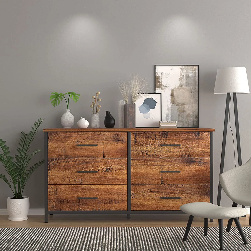 6 Drawer Double Dresser Industrial Wood Storage Dresser O3866