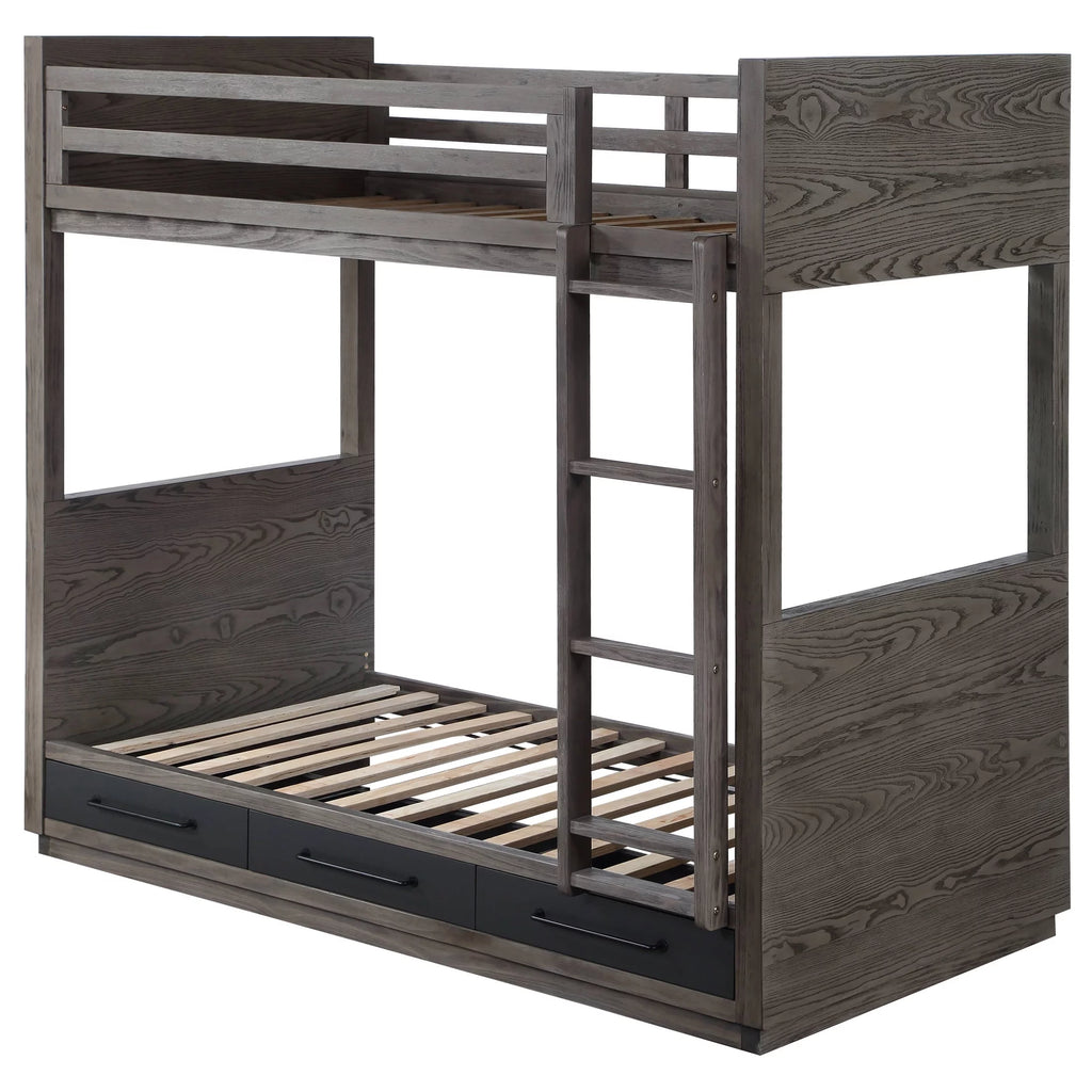 Twin over Twin Bunk Bed with Ladder in Gray Oak W844