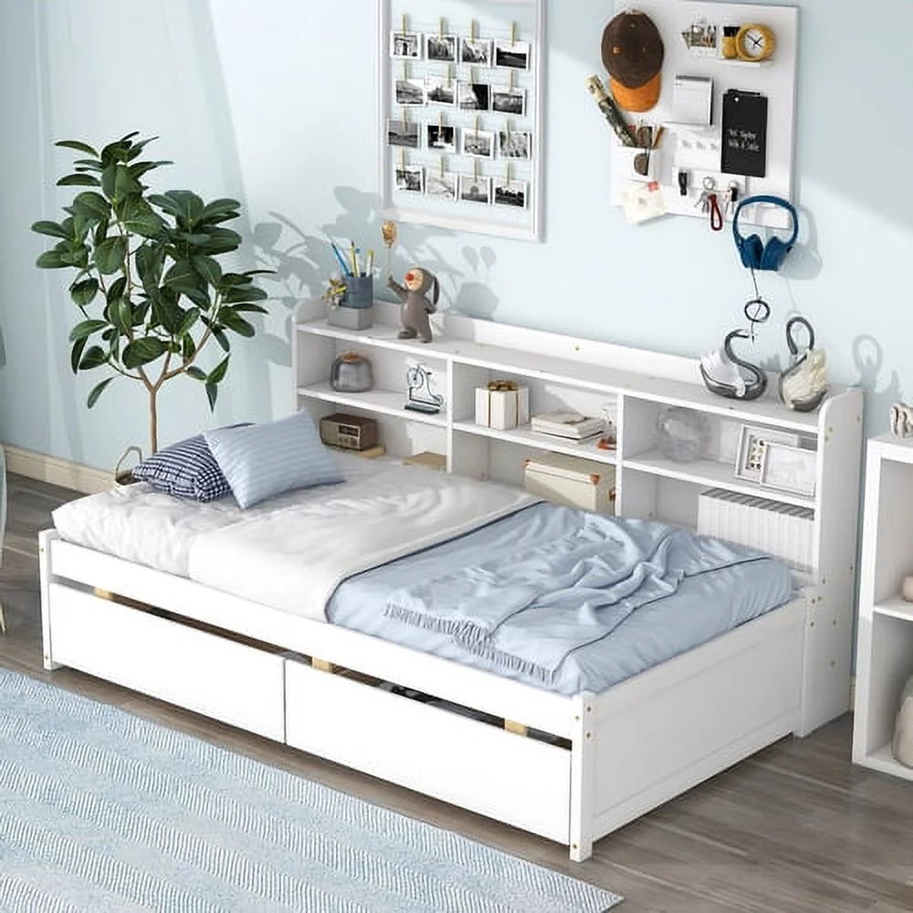 White Twin Bed with Bookcase and Drawers W181