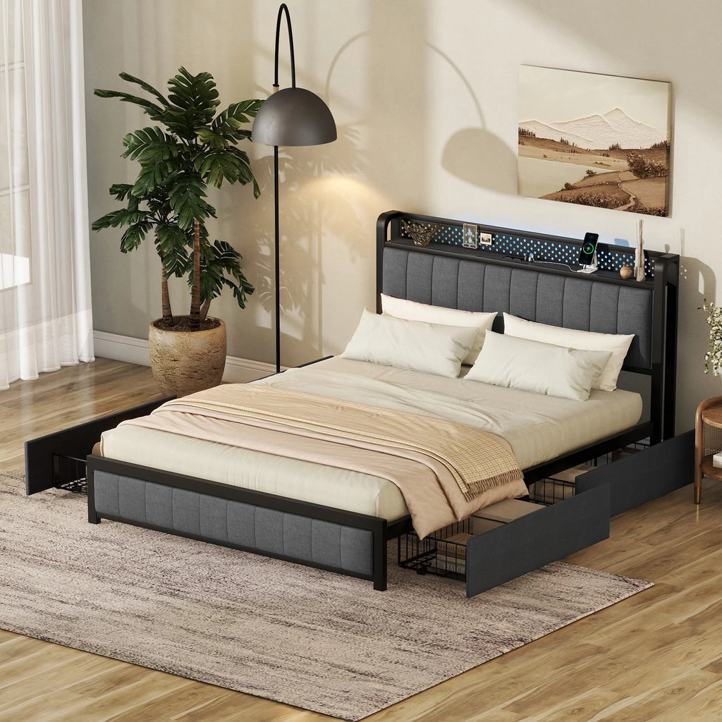 Dark Grey Queen Upholstered Bed Frame with 4 Storage Drawers A76007