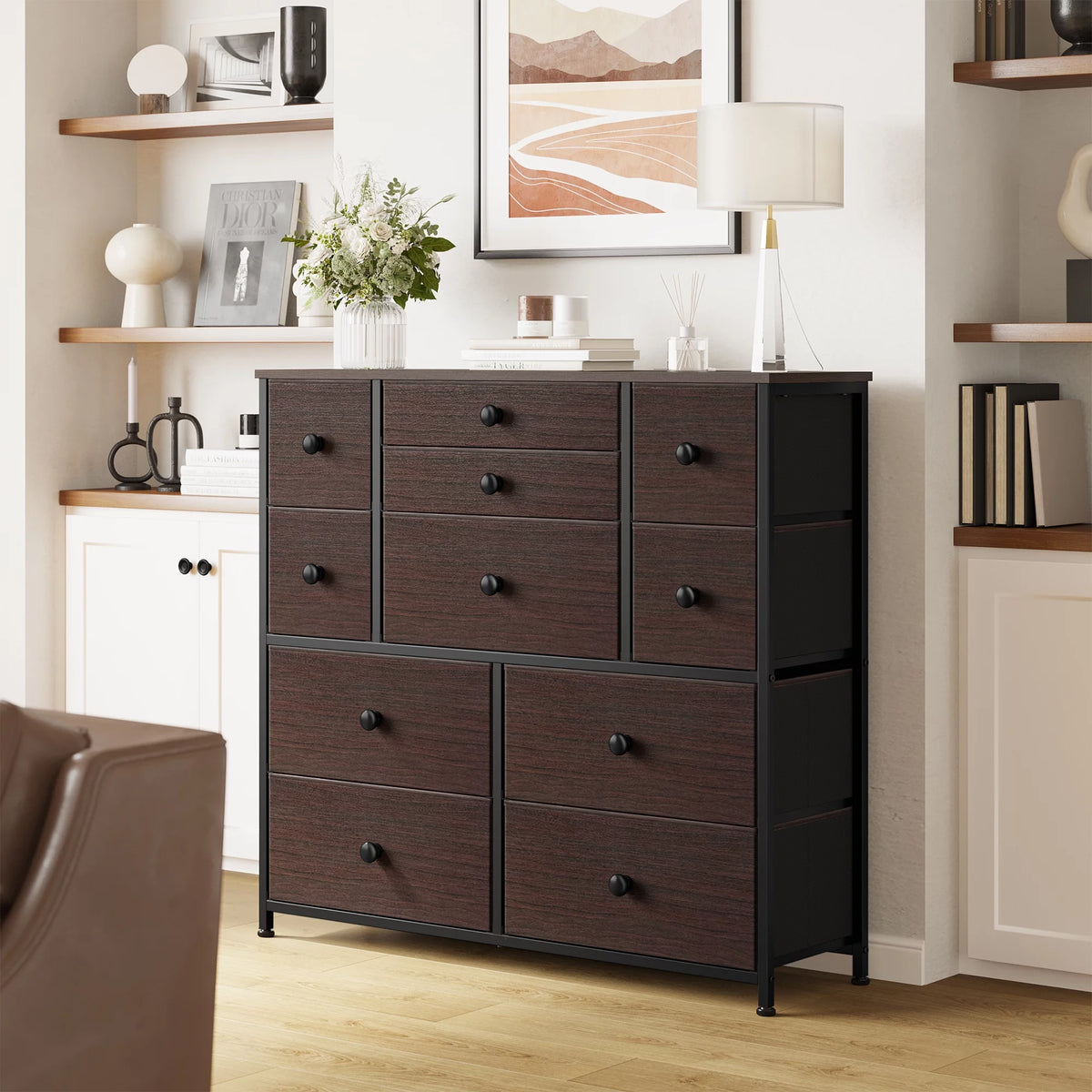 11 Fabric Drawers Dresser Chest of Drawers Faux Leather Rustic Brown Wood Top C9538