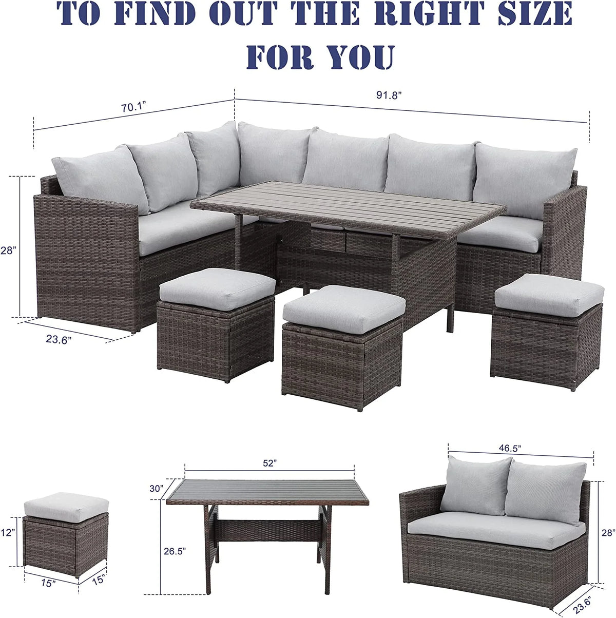 7 Piece Outdoor Dining Sectional Sofa with Dining Table and Chair U5122