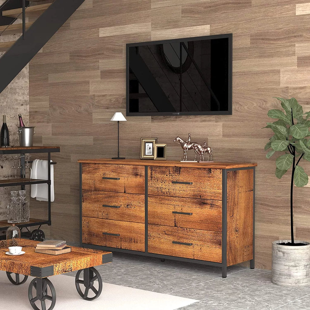 6 Drawer Double Dresser Industrial Wood Storage Dresser O3866