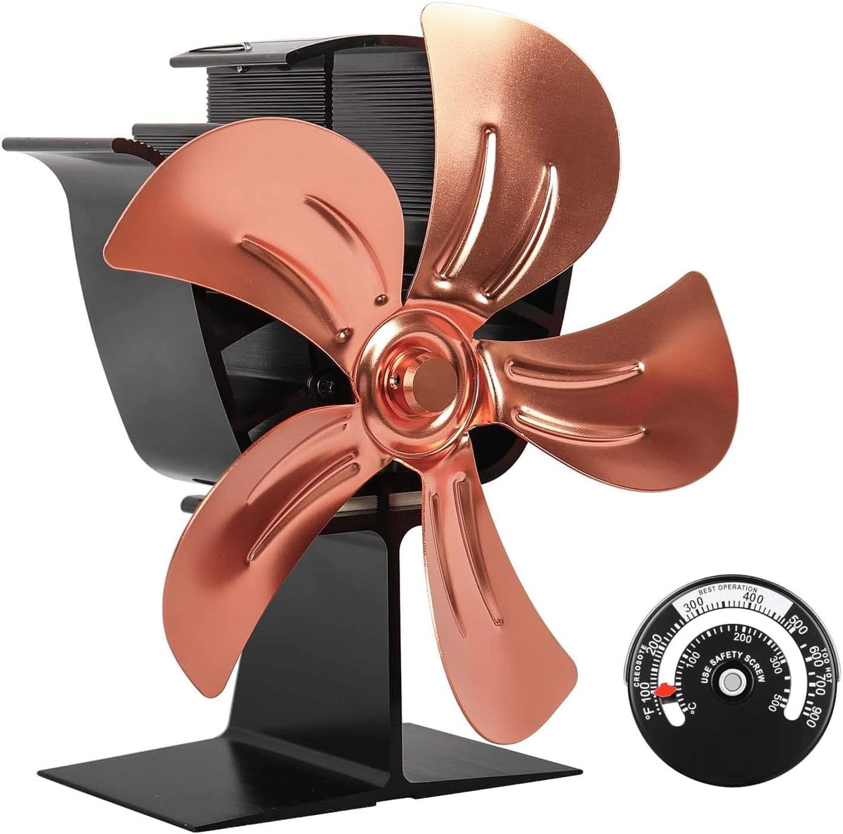 5 Blades Heat Powered Stove Fan with Magnetic Thermometer Aluminium Gold Pack of 2 E284660