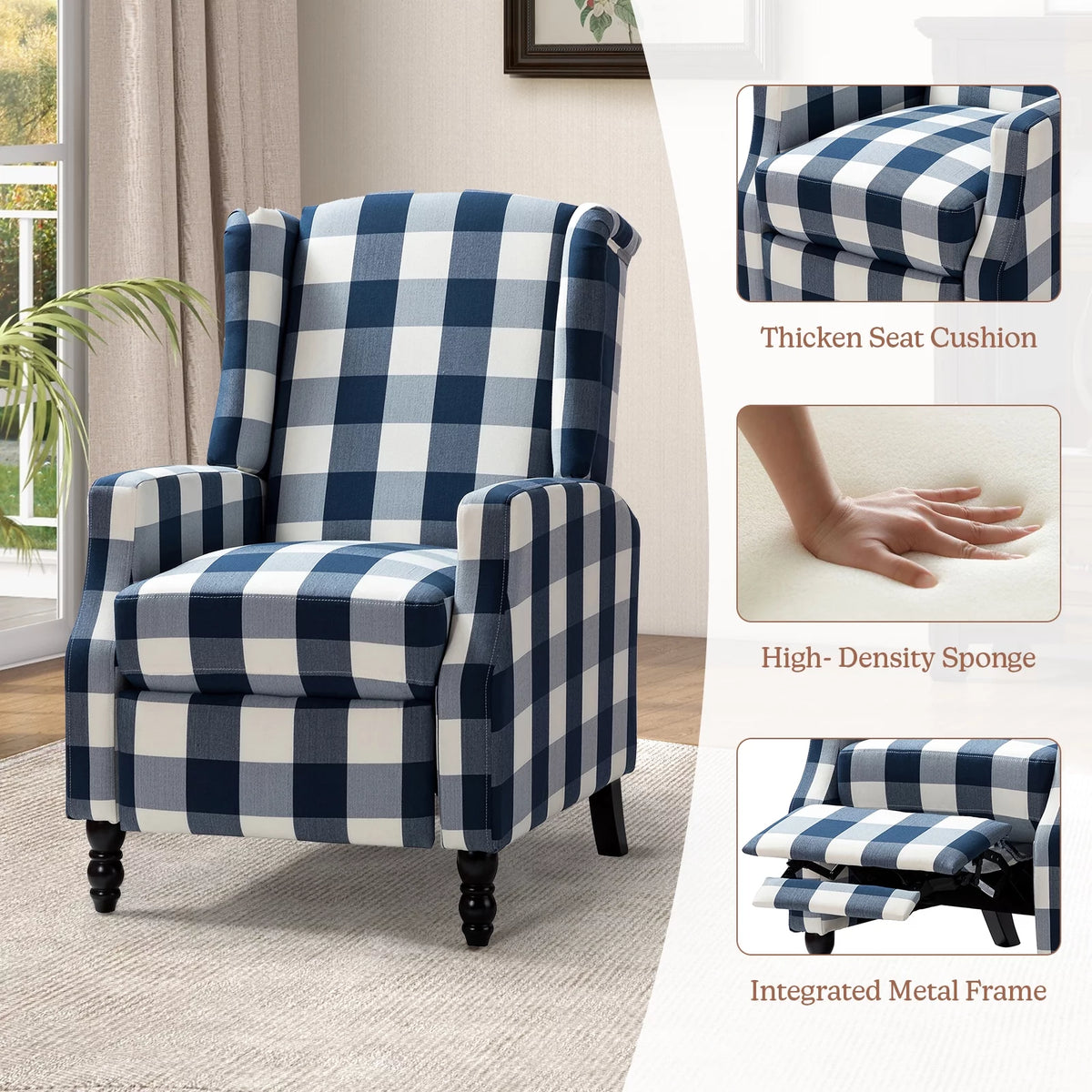 Set of 2 Plaid Fabric Recliners R3109