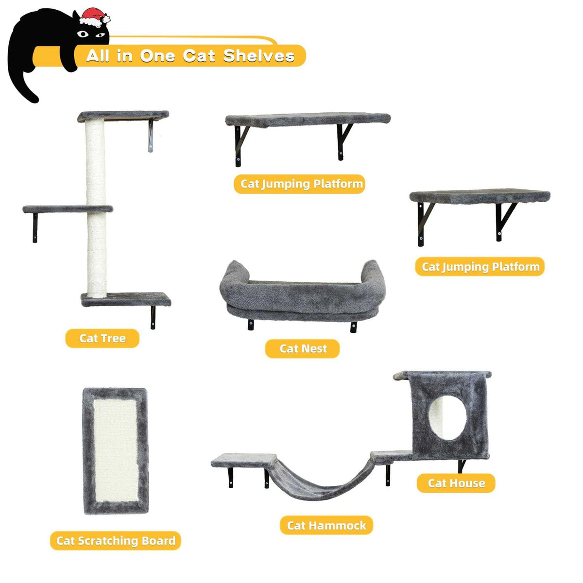 6 Pcs Wall-Mounted Cat Shelves L778645