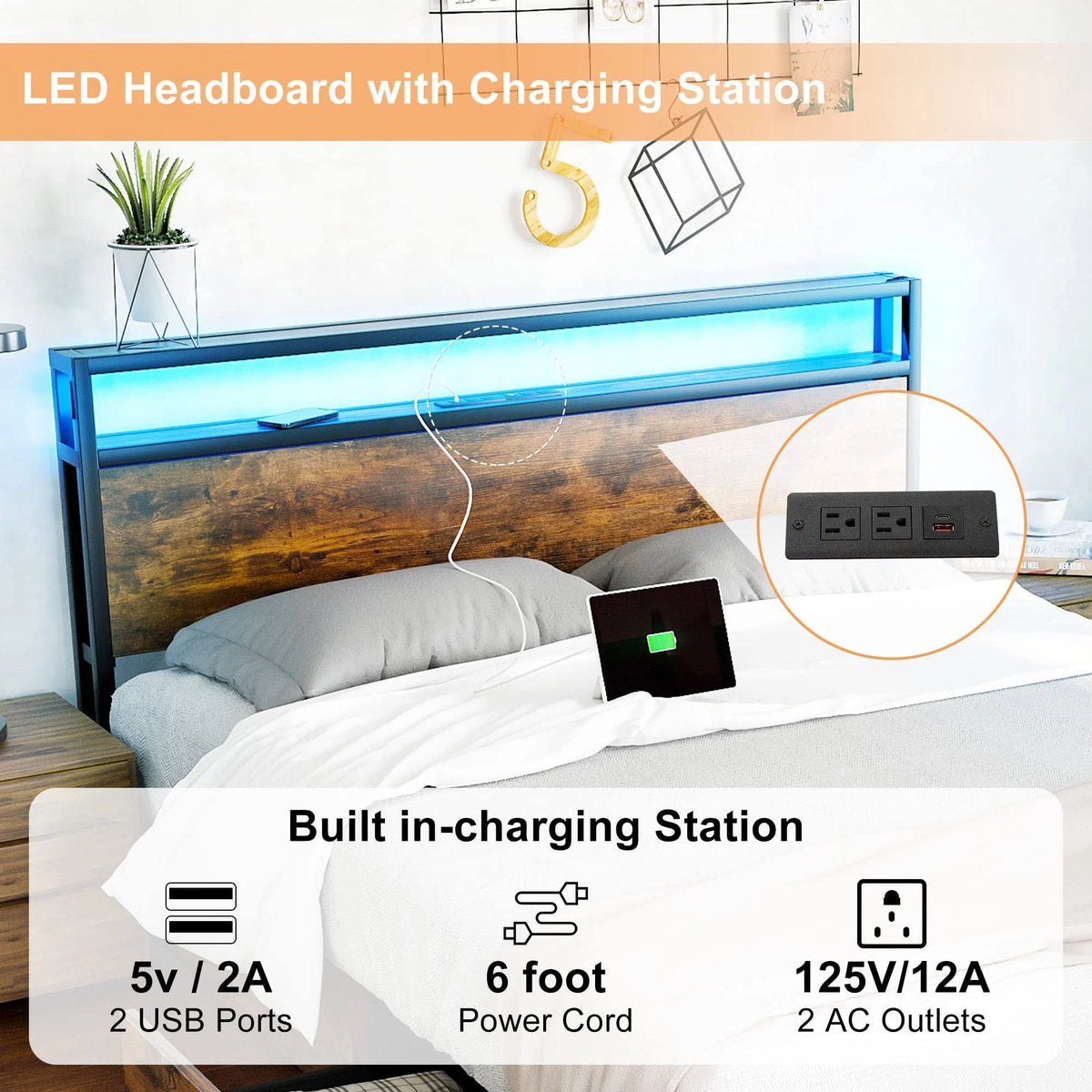 Full LED Bed Frame with Storage Headboard 4 Drawers K66433