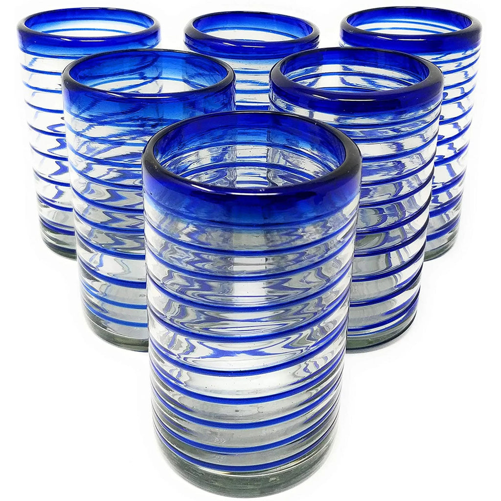 Hand Blown Drinking Glasses Set of 6 Blue Spiral 14 oz W5883