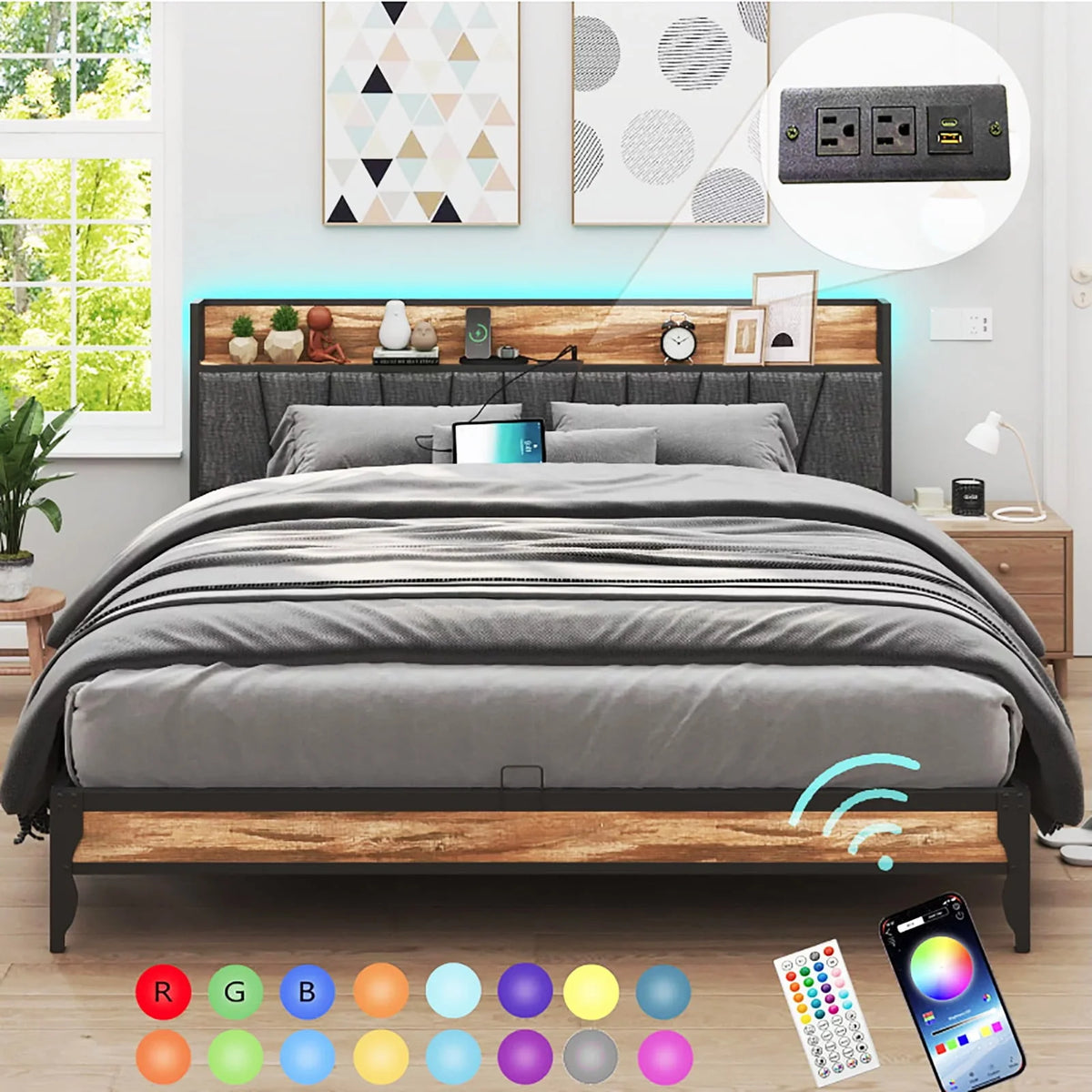 Full LED Bed Frame with Storage Headboard 4 Drawers K66433