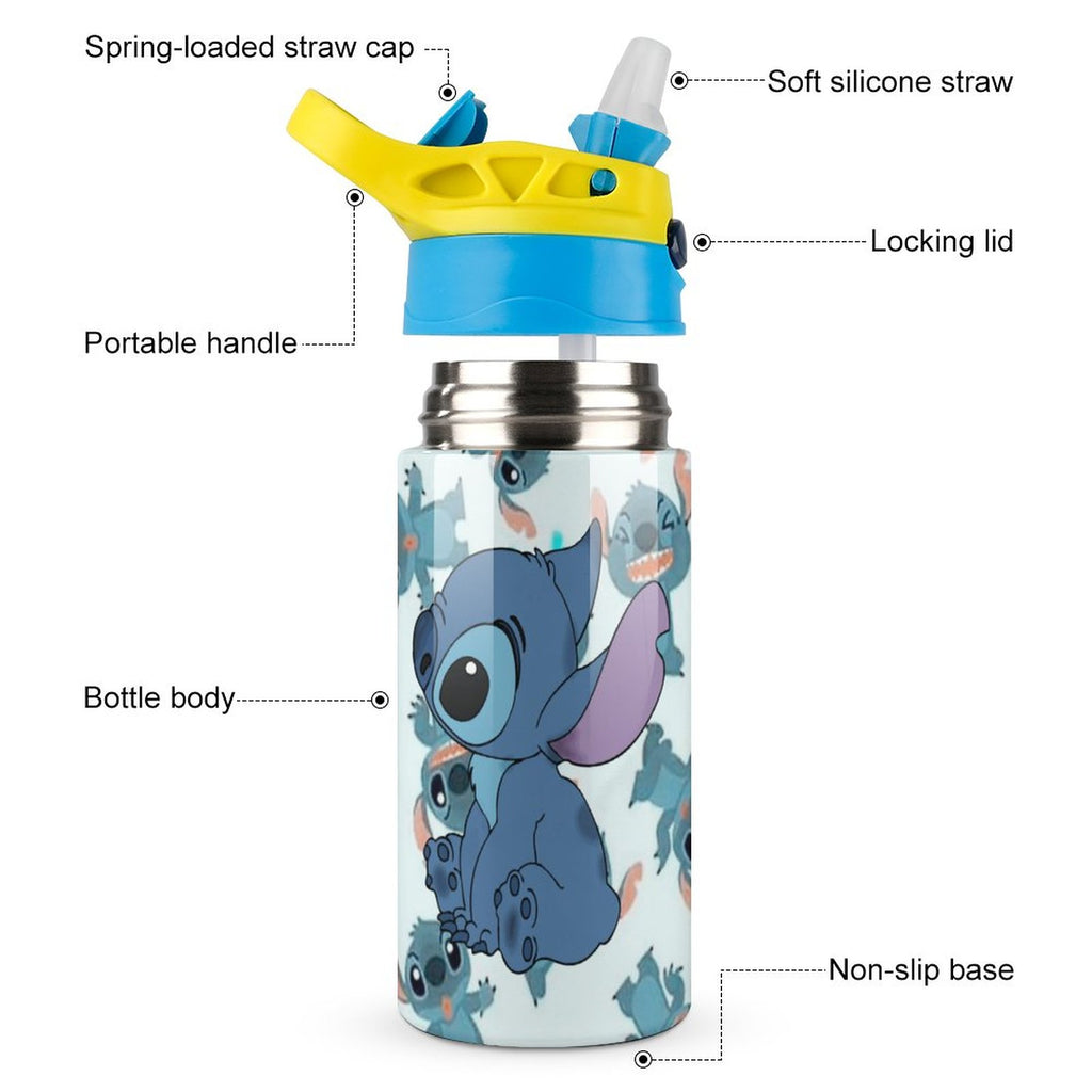 Blue-Stitch-Kawaii Children's Water Bottle Vacuum Insulated Stainless Steel Cup With Straw D5491