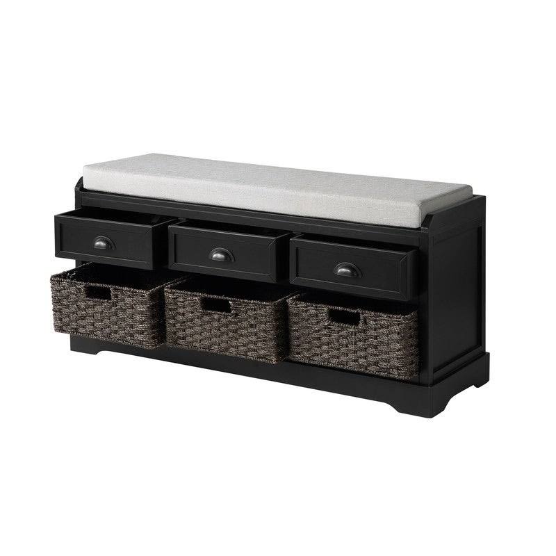 White Wood Storage Bench with 3 Drawers and 3 Baskets E56906