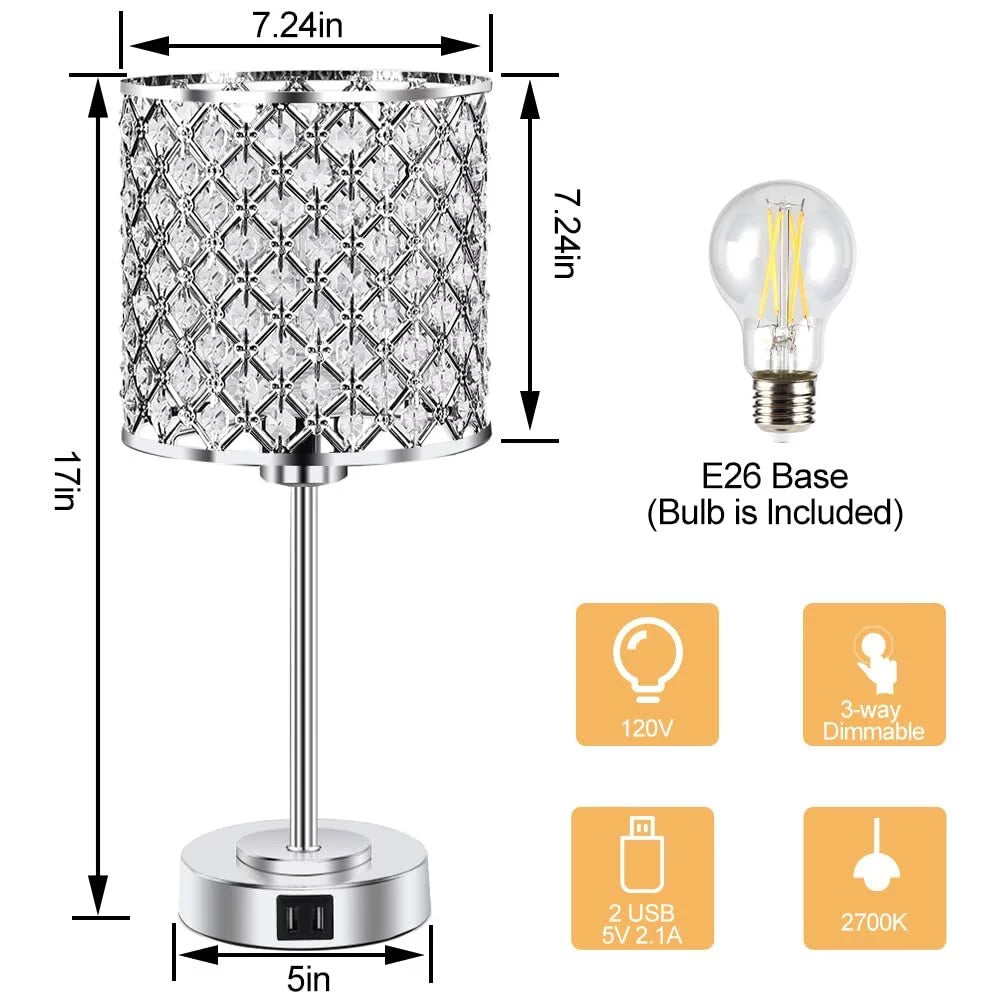 Crystal Table Lamp Set of 2 with 2 USB Charging Ports Y2033