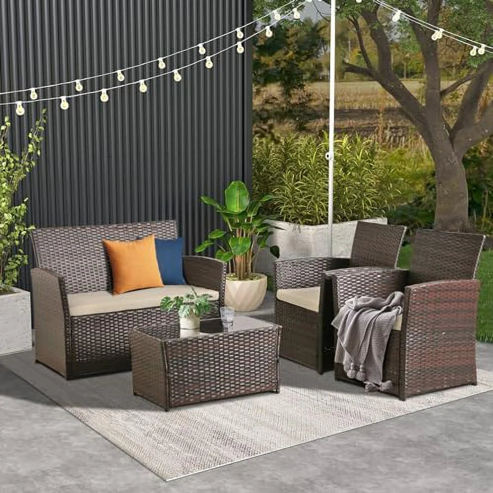 4 Pieces Gray Wicker Rattan Sectional Sofa Set with Table and Loveseat R7354