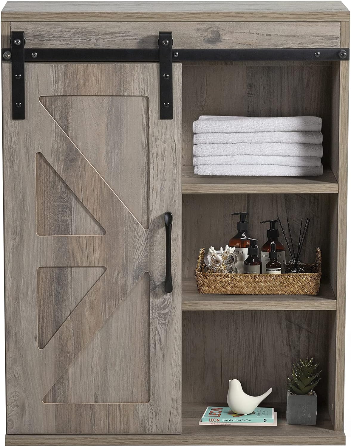 Rustic Wooden Wall Mounted Storage Cabinet with Sliding Barn Door P3526