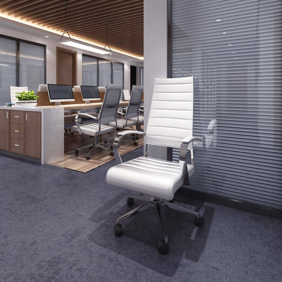 Modern White High Back Office Chair Ribbed PU Leather Manager Tilt Conference Room Computer Desk Boss Task Executive Boss X77934