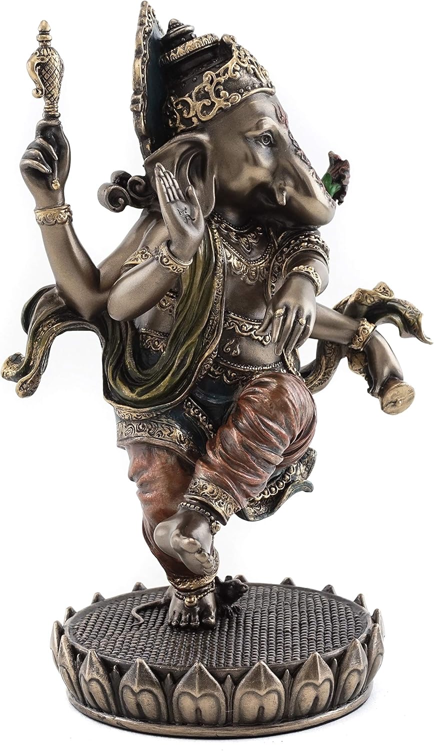 Dancing Ganesh on Lotus Pedestal Statue, Cold Cast Bronze, 8-Inch Elephant Figurine Q3861