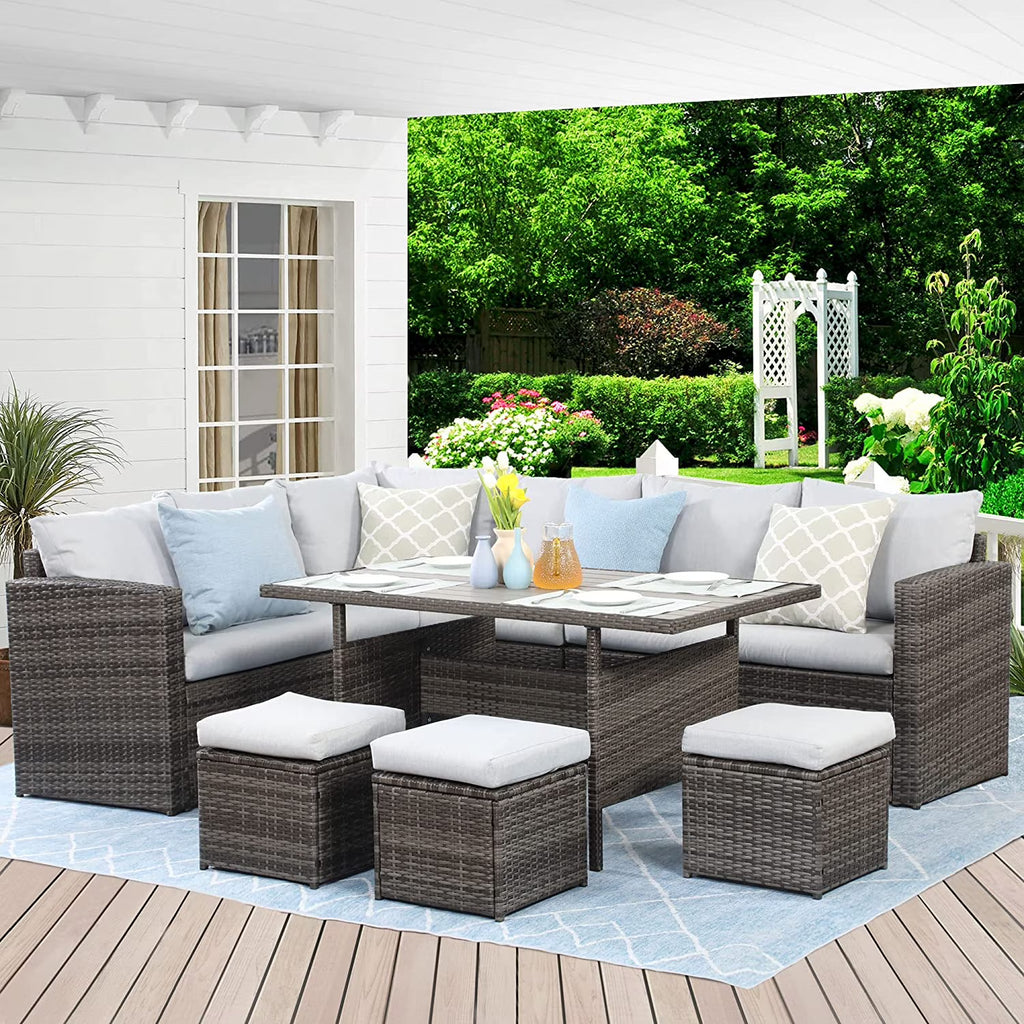 7 Piece Outdoor Dining Sectional Sofa with Dining Table and Chair U5122