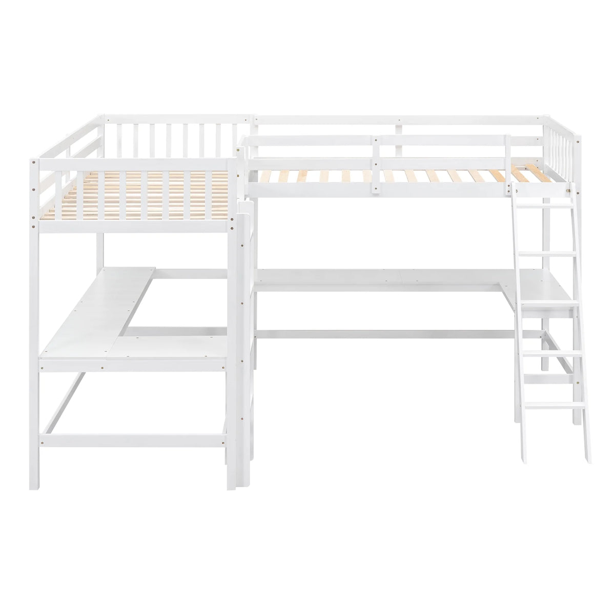 Twin Size White Wood L-Shaped Loft Bed with Built-in Desks P36676