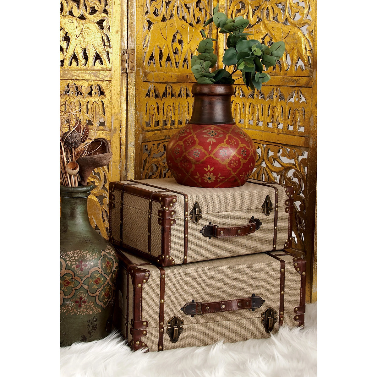 Beige Wooden Nesting Upholstered Trunk 2-Pieces Q396
