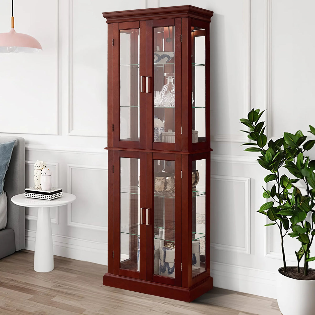 6-Tier Lighted Curio Display Cabinet with Adjustable Shelves and Tempered Glass Doors U7730