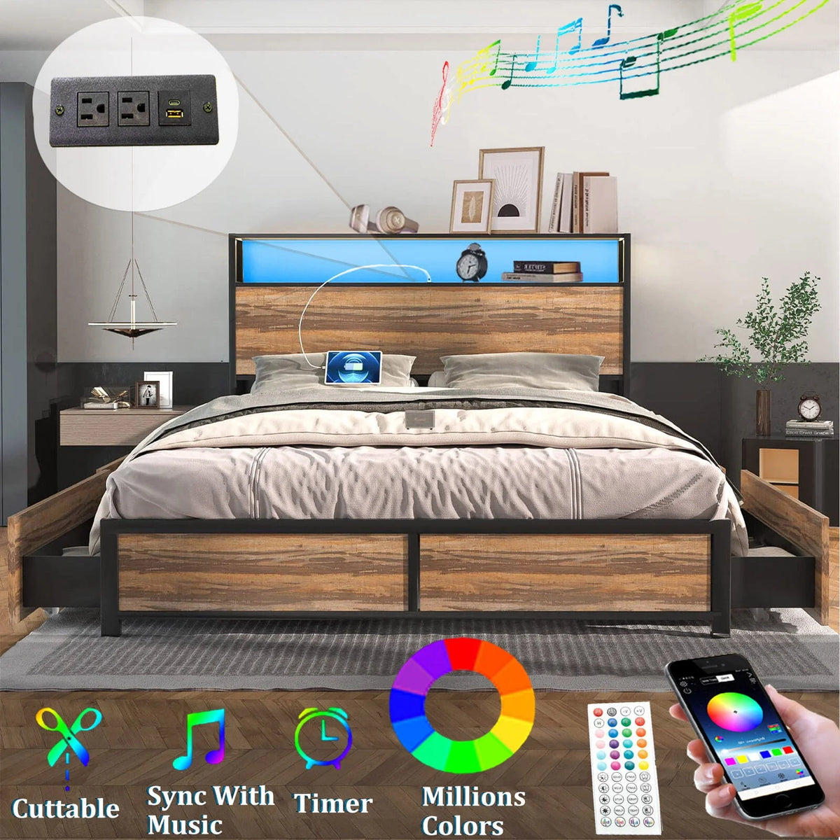 Full LED Bed Frame with Storage Headboard 4 Drawers K66433