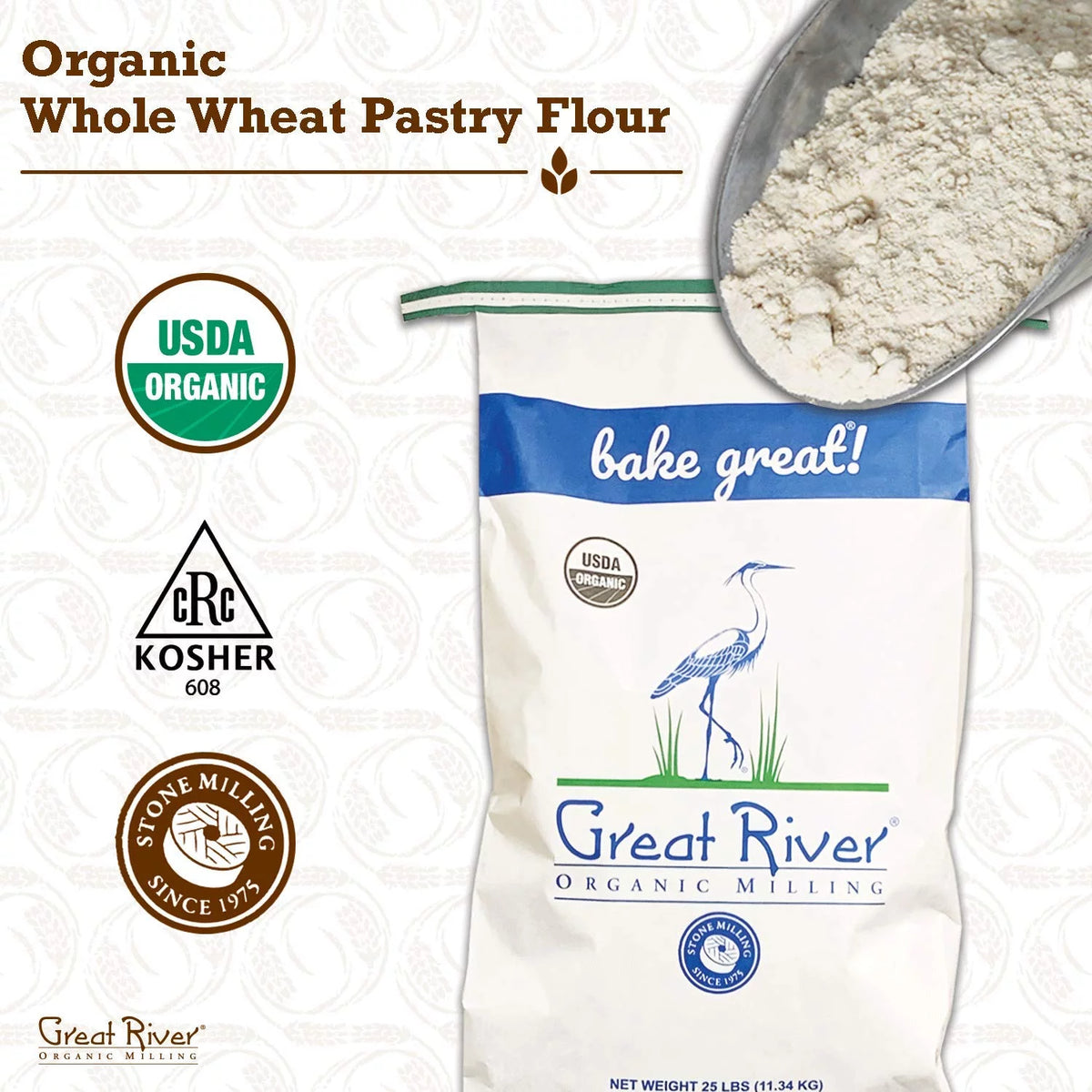Organic Whole Wheat Pastry Flour, Stone Ground, 25 Pounds S614111