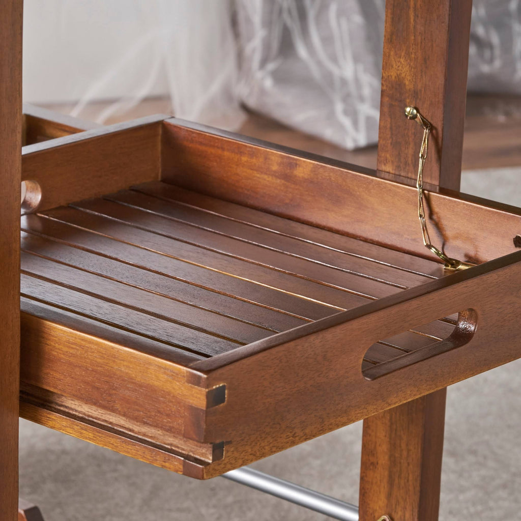 Farmhouse Cottage Acacia Wood Bar Cart with Drop Leaf G661