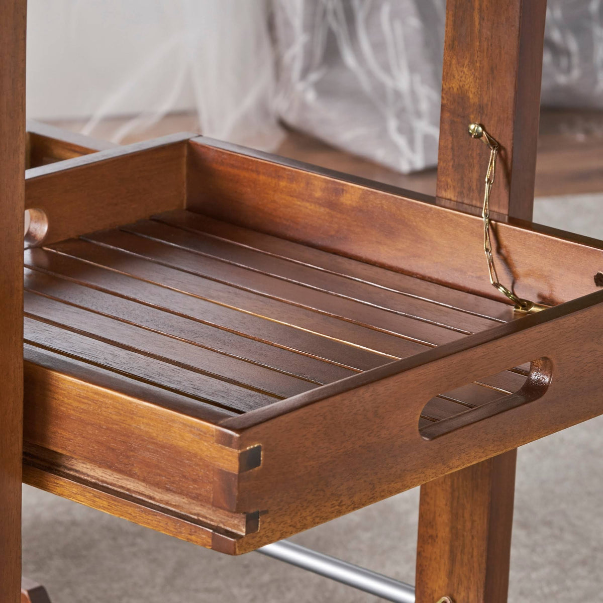 Farmhouse Cottage Acacia Wood Bar Cart with Drop Leaf G661