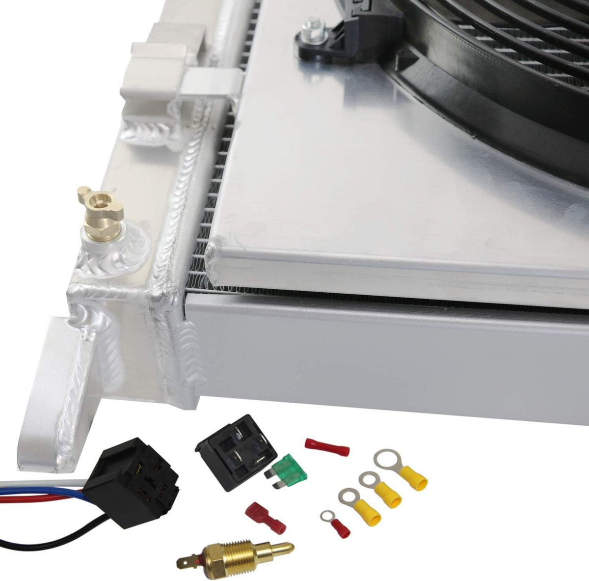 2 Row All Aluminum Radiator with Shroud Fan and Thermostat Relay Kits H46376