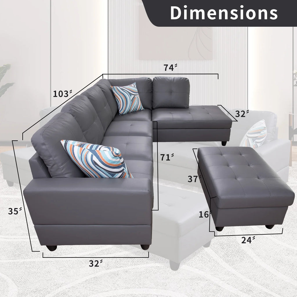 L-Shaped 3-Piece Sectional Sofa Couch, Dark Grey F428061