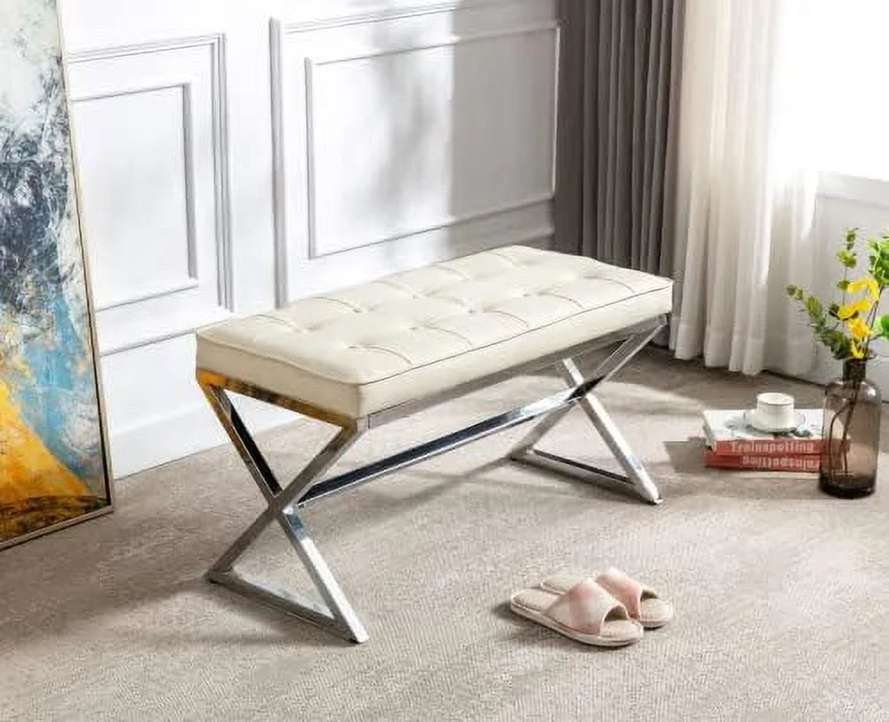 PU Leather Upholstered Entryway Bench with Metal X Legs Y2266