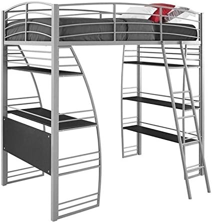 Gray Metal Frame Twin Loft Bed with Desk and Bookcase Y8855