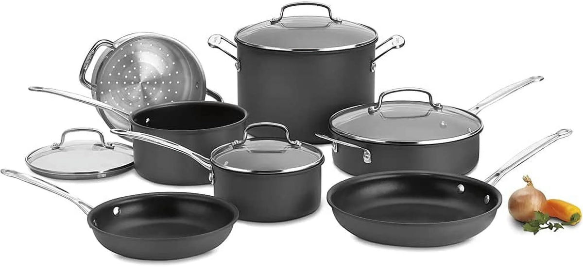 11-Piece Nonstick Hard-Anodized Cookware Set and 12 Piece Ceramic Coated Cutlery Set Matte Black A849463