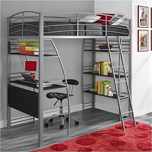 Gray Metal Frame Twin Loft Bed with Desk and Bookcase Y8855