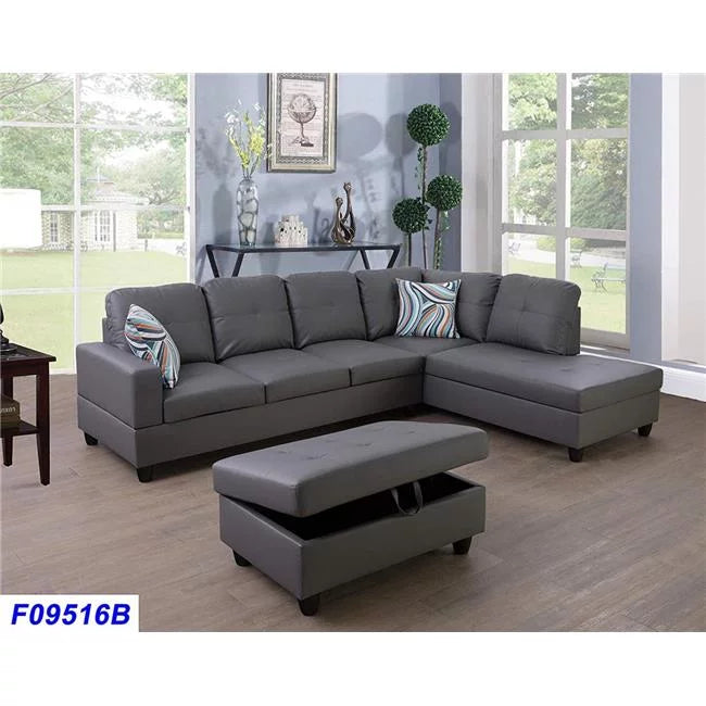 3 Piece Dark Grey Faux Leather Sectional Sofa Set with Ottoman N76713