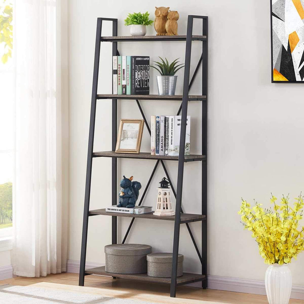 Industrial 5 Tier Ladder Bookshelf (Dark Gray Oak) J53398
