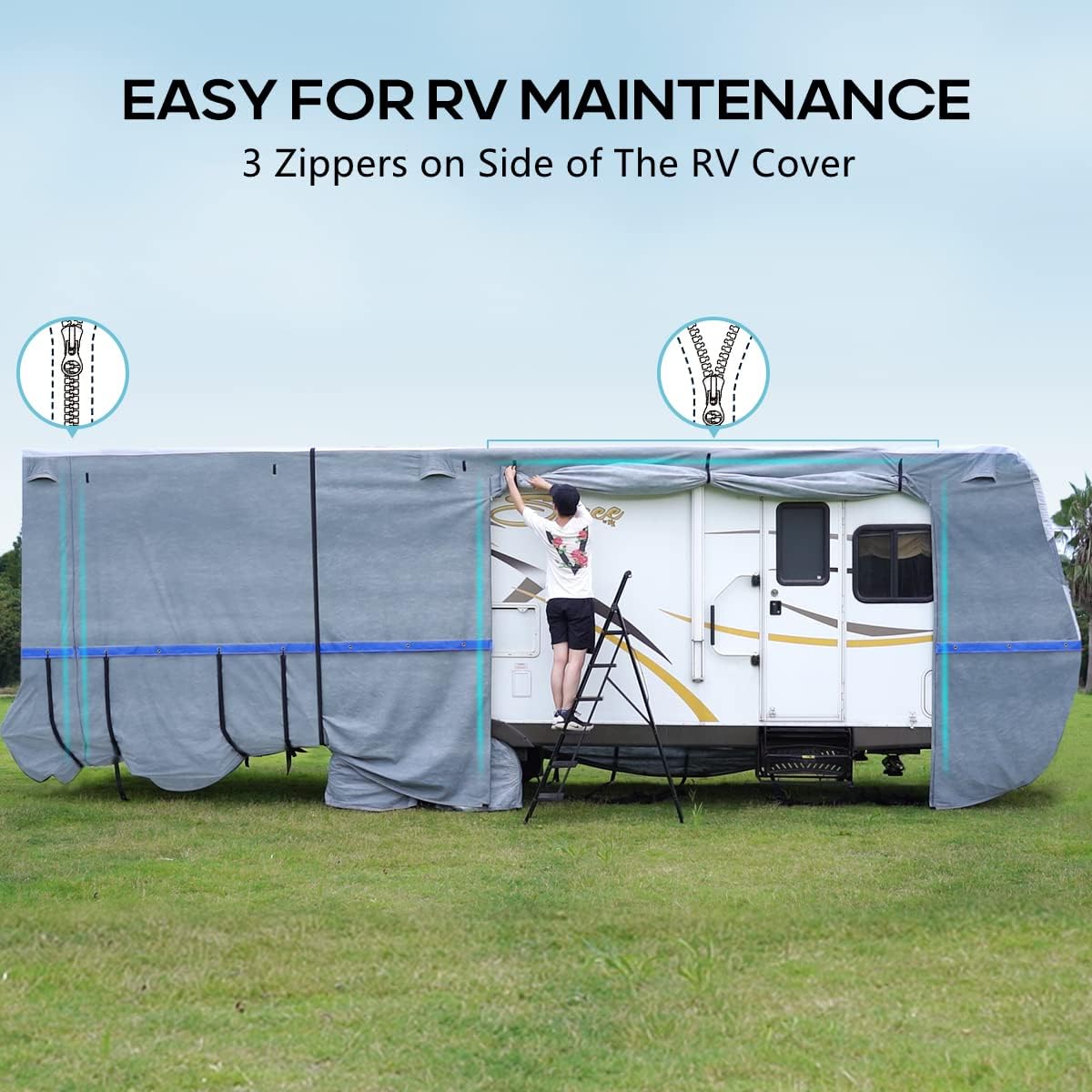 5th Wheel RV Cover, Extra-Thick 6-ply, Fits 37 - 41Ft Motorhome, Waterproof Rip-Stop, with 2 Windproof Straps, 4 Tire Covers J313862