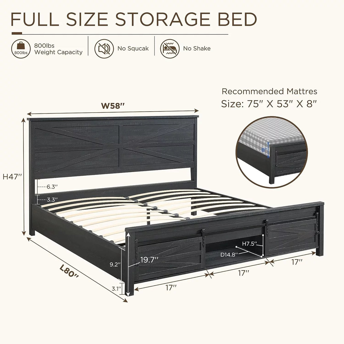 King Bed Frame with Headboard and Storage Cabinets, White R119
