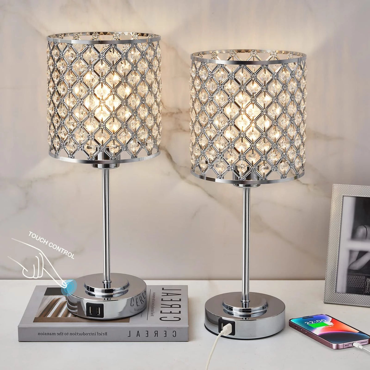 Crystal Table Lamp Set of 2 with 2 USB Charging Ports Y2033