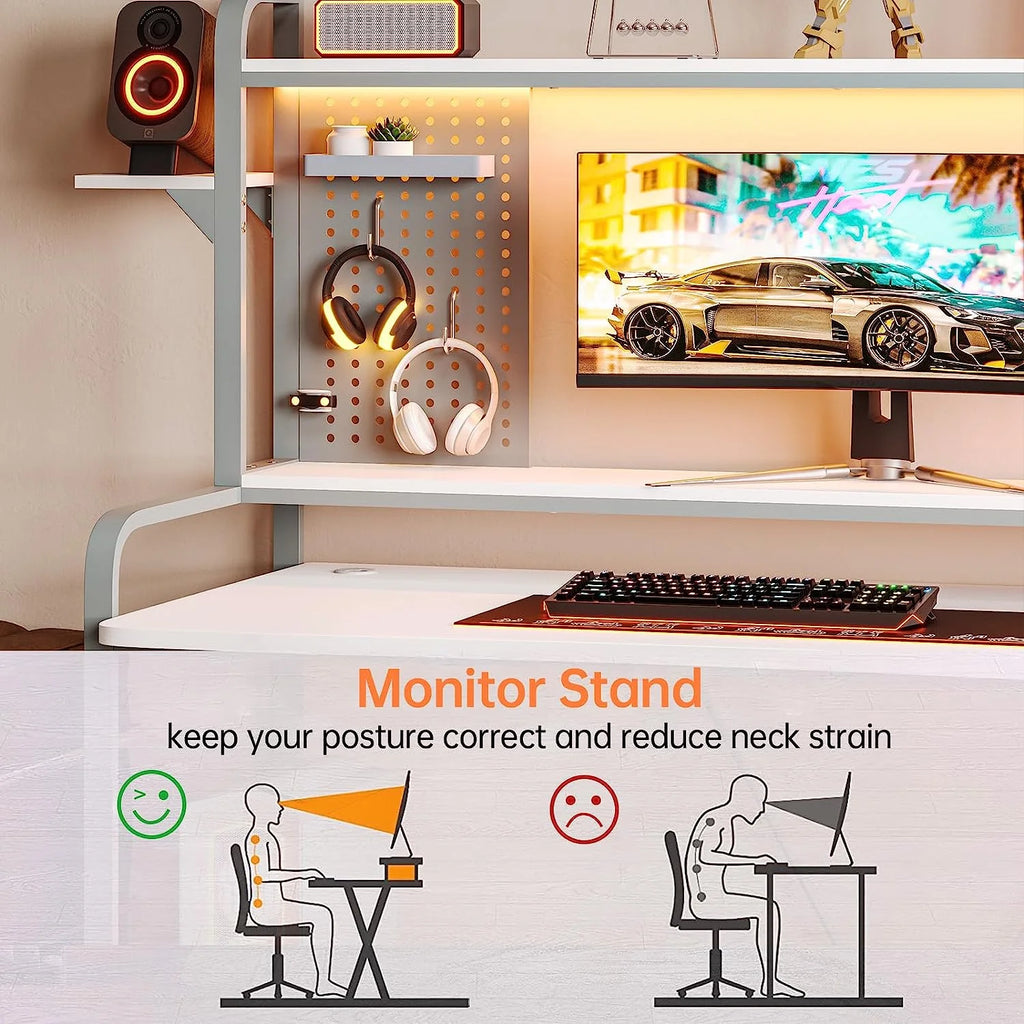55" White Computer Desk with Hutch and Shelves O911