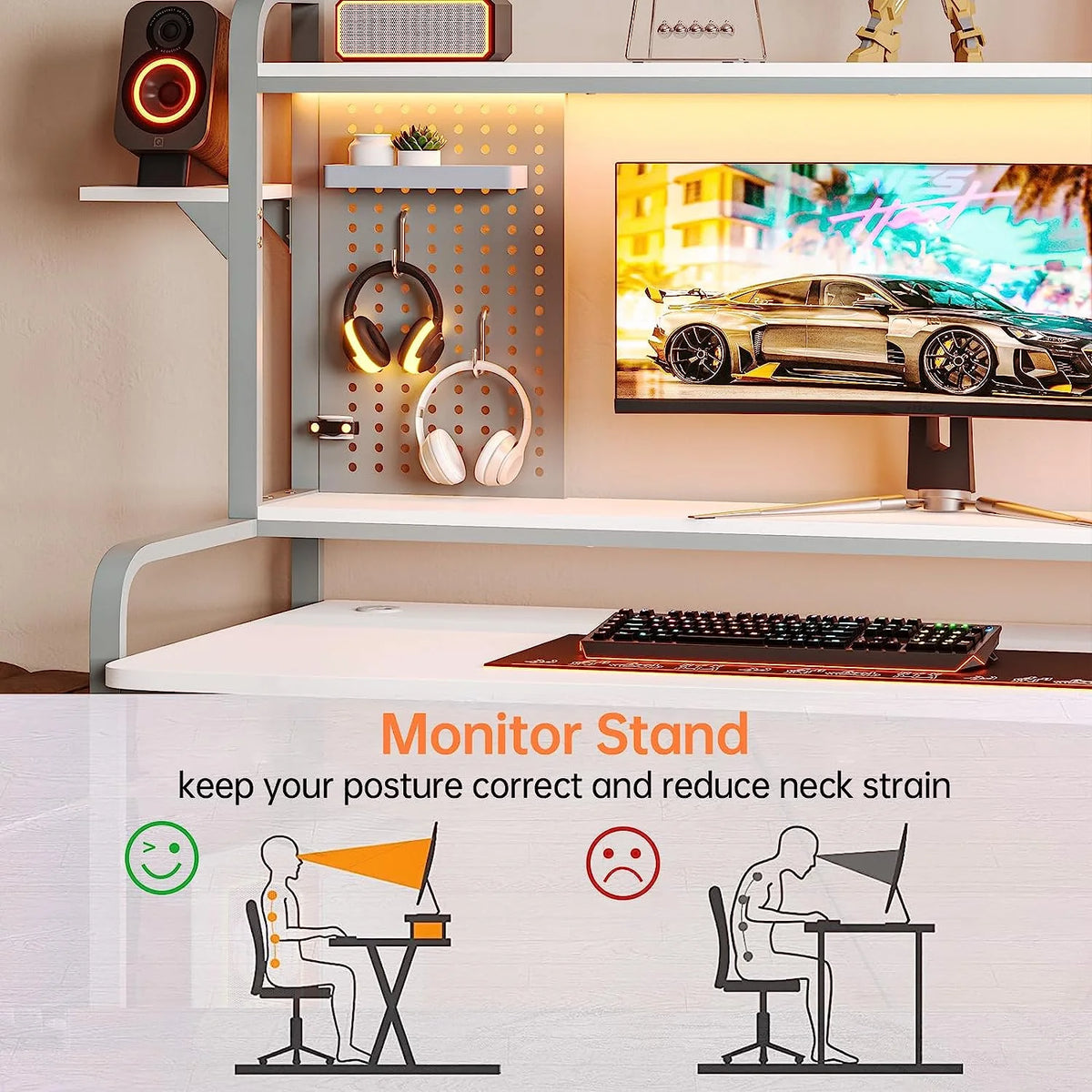 55" White Computer Desk with Hutch and Shelves O911