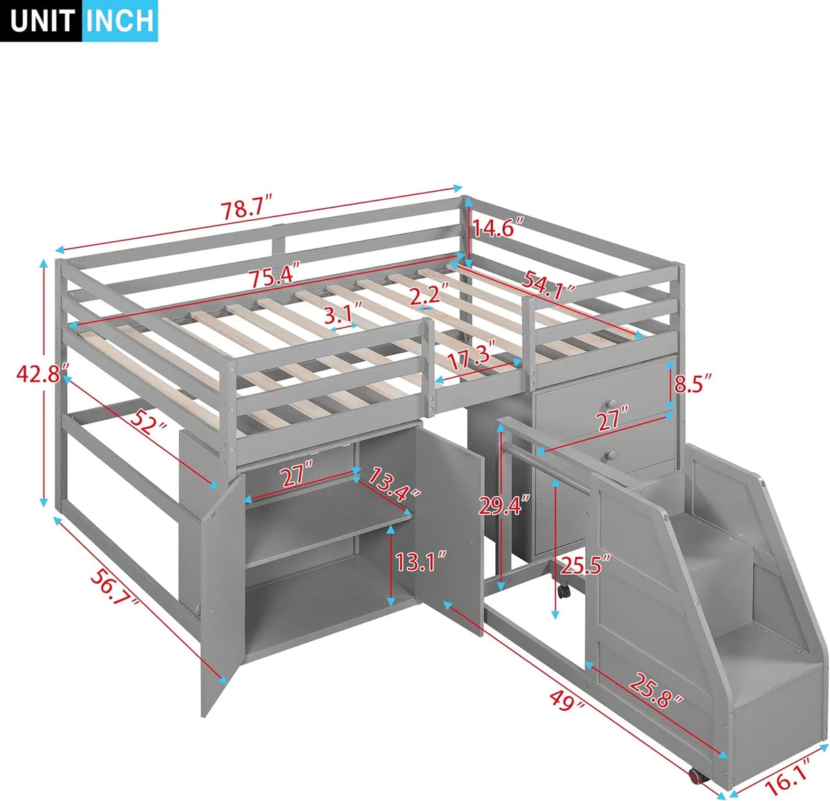 Full Size Solid Wood Bed Frame with Staircase and Drawers Grey D710661
