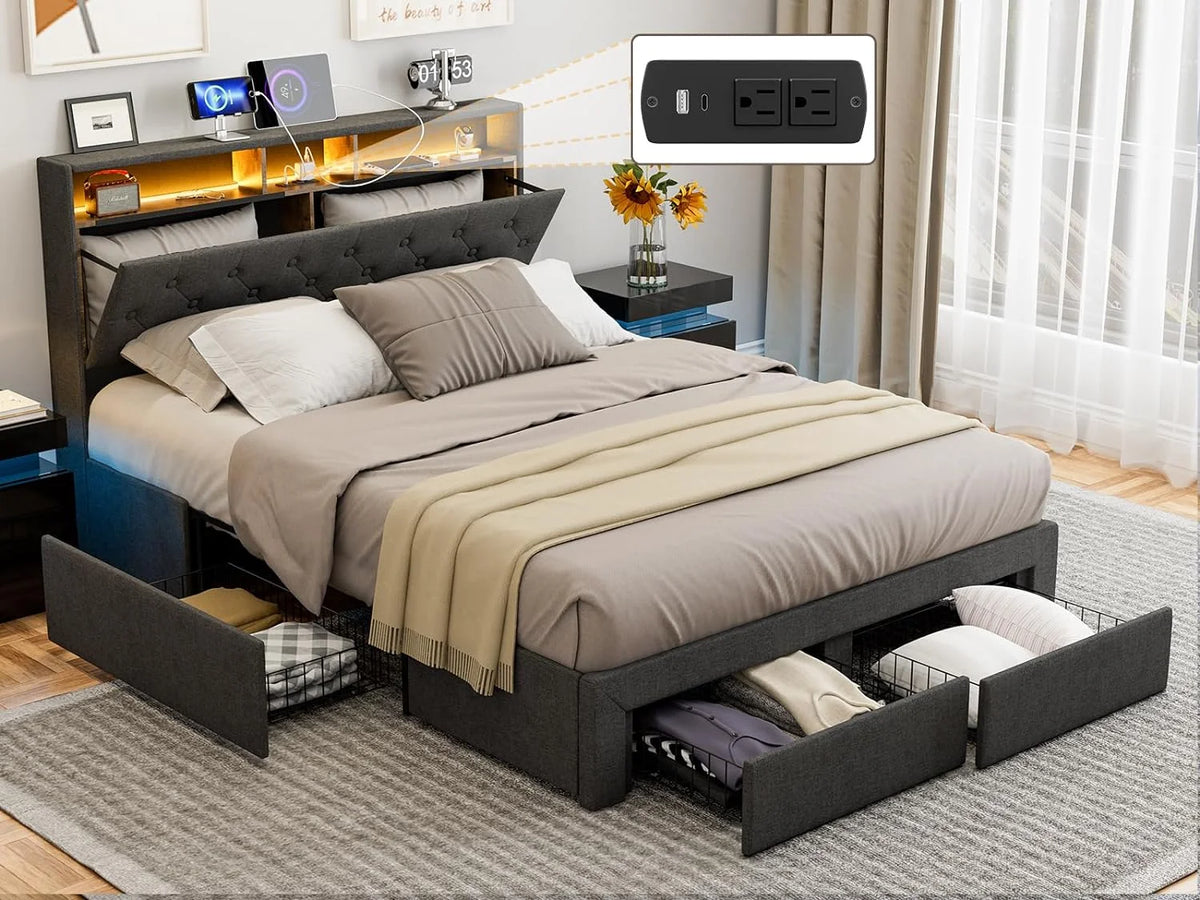 Queen Size Upholstered Linen Platform Bed with 4 Drawers J842